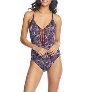 Ambrielle Swimsuit Beach Wear Paisley Maroon Lace-up back Size M
